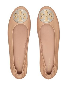 Tory Burch Almond Flour Nude Leather Claire Ballet Flat Logo Slip On Shoes 6